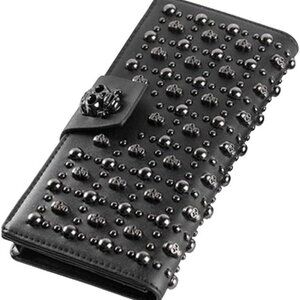 Women's Leather Long Skull Studded Wallet Card Holder RFID Money Purse